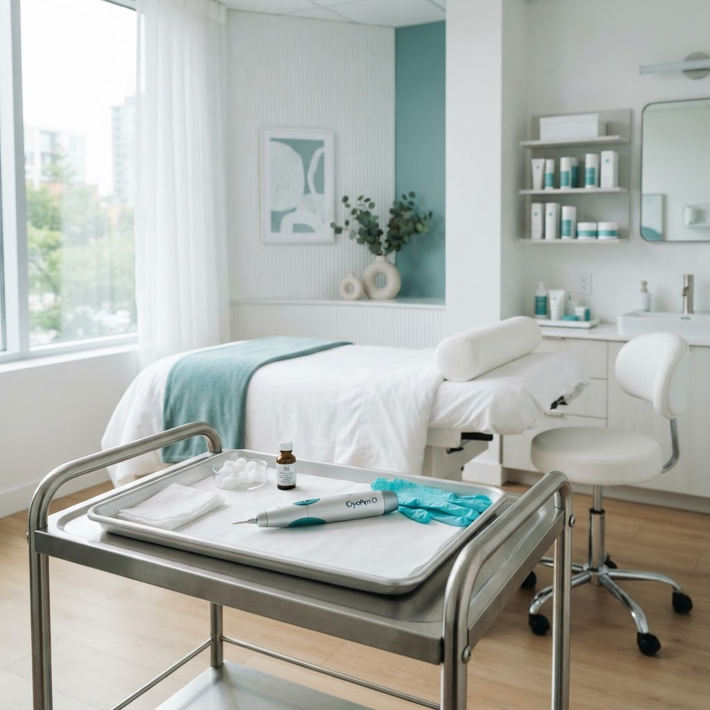 A calm, modern Cryosonic treatment room with a CryoPen device